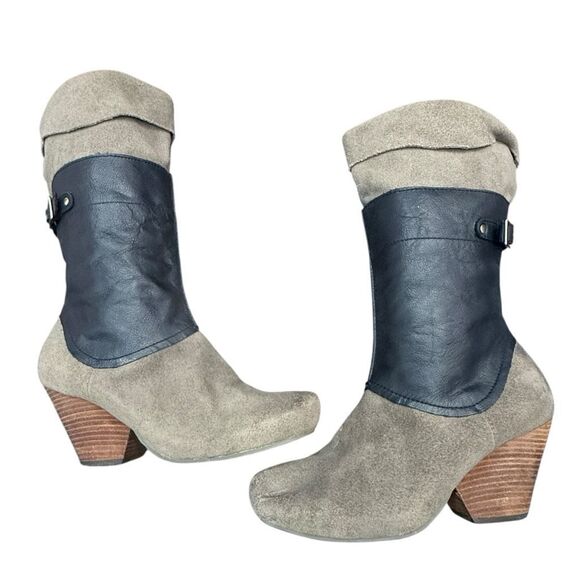 OTBT Mid Calf Mixed Media Boots Taupe Suede Black Leather Block Heel Stacked Hee - Picture 1 of 8